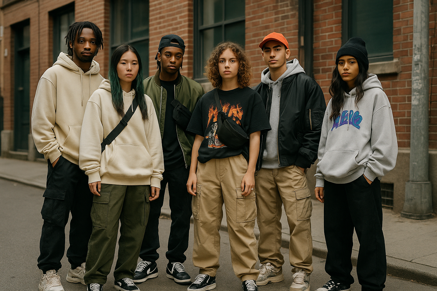 Can you generate a group of young people wearing fashionable streetwear\